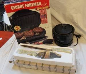 lot 334 image: George Foreman grill small crock pot knife and spatula set