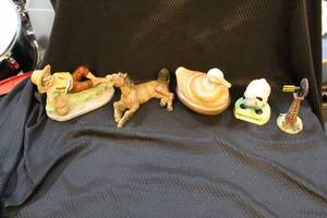 lot 375 image: Imperial Glass Caramel Slag Glass Duck horse figure little boy reading a book by a fish in a basketcheap and windmill