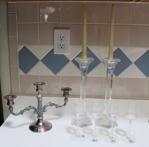 lot 34 image: Crystal candlesticks, silverplate candelabra and set of mouth blown glasses