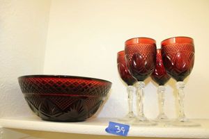 lot 39 image: Red glass goblets and bowl set