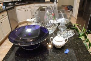 lot 58 image: Kitchen trifle bowl, blue glass bowl, pitchers and candy dish