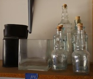 lot 114 image: Decorative glass bottles, square vase