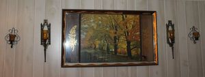 lot 5 image: Vintage Large Autum Trees painted on Mirror with Two sets of candle holders approx 44x25