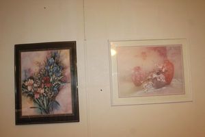 lot 45 image: Framed Floral Print titled Golden Iris by Ira Roberts & a Framed Print of a painting by Lena Liu Featuring Three Vases and Flowering Branches Approx 22x26 & 23x25