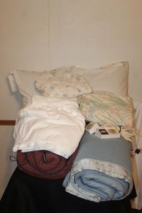 lot 46 image: Linens, Electric Blanket, Sleeping Bag and Pillows with Needle Point Pillowcases