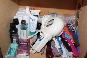 lot 74 image: Variety of Travel Size Shampoo and Conditioner, Lotions and mouth wash, blow Dryer and Several combs and brushes