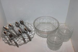 lot 82 image: Glass Dishes including Serving Bowl and Bowls, Platter and Spoons
