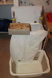 lot 92 image: Wicker Hamper, Plastic Basket, Clothes Pins, Lint rollers and Laundry Bag