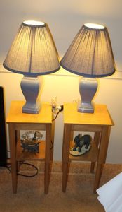 lot 204 image: Two Accent Tables, Two Blue Lamps and Dcor Pieces