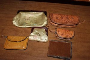 lot 244 image: Silk Clutch and Coin purse, Handmade Leather Wallet, Coin Purse, Glass Case and Card Pouch