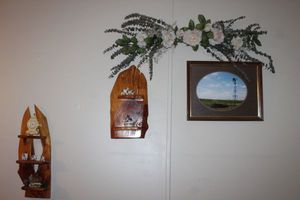lot 254 image: Floral Swag, Two Unique Wooden Shelves with Dcor Pieces and Lighthouse Picture