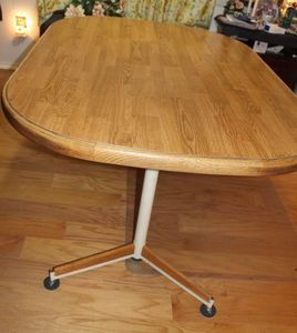 lot 108 image: Heavy Wood and Metal Dining Room Table with Removable Leaf Approx 59x41 with leaf (leaf 17.5)