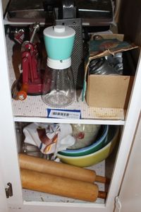 lot 288 image: Contents of Cabinet, Mixing Bowls, rolling Pins, and More