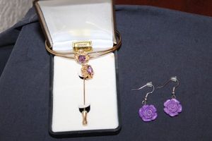 lot 18 image: Ladies Gold Toned Bracelet and Matching Broach Pin with Amethyst Stones, Also Purple Rose Earrings&nbsp