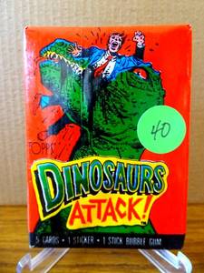 lot 40 image: 1988 Topps Dinosaurs Attack Cards, 1 Sealed Wax PACK From Box, 5 Cards 1 Sticker