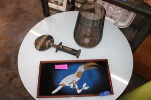 lot 59 image: Framed Metal art piece bird design, vase and African wood carved piece, see photos