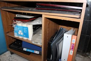 lot 103 image: Computer desk with office suppliesbinders