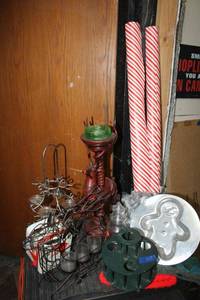lot 115 image: Christmas lot candle stands, glass tree candy dish, gingerbread man molds, wrapping paper and more