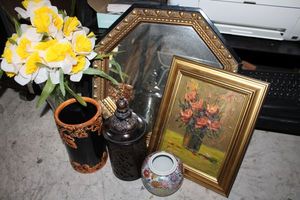 lot 156 image: Home dcor wall mirror, flower painting and vases