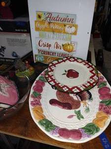 lot 243 image: Turkey platter, fall and apple dcor, clear glass bowl, Womens stockings