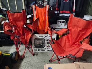 lot 246 image: Folding chairs, orange vest, and multi-use swivel base