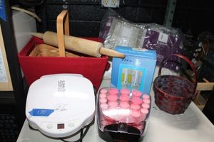 lot 170 image: Misc. lot rolling pin, baskets, Foreman grill, rollers, wall mount soap, 2 panel curtains dispenser