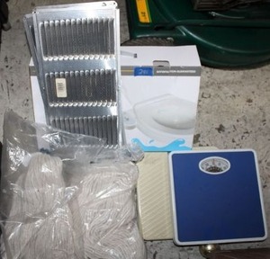 lot 240 image: Misc. lot Two mop heads, vent screens, scales, Greenco Fresh water Bidet,