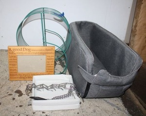lot 217 image: Pet lot dog car booster seat, chain collar, photo frame, and hamster wheel
