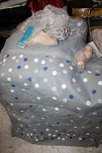 lot 227 image: Wood DraperyCurtain rings and finials, polka dot canvas bags
