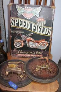 lot 268 image: Metal motorcycle sign, metal vintage car artwork