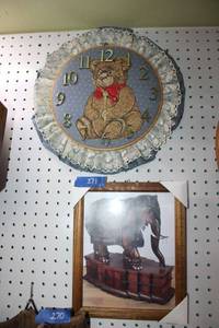 lot 271 image: Fabric bear wall clock, plastic wall clock, and elephant print