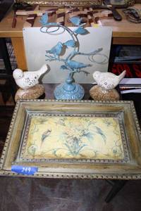 lot 249 image: Bird theme lot Ceramic bird figurines, metal candle tree and metal tray