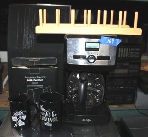 lot 169 image: Coffee lot Coffee maker, milk frother, mugs, and wooden rack