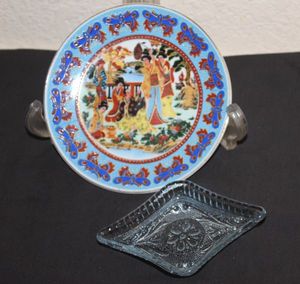 lot 35 image: Asian Decorative Plate and Small Blue Glass dish