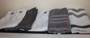 lot 44 image: Two White Black out Curtains and 1 Grey Black out Curtain, Two Bath Towels