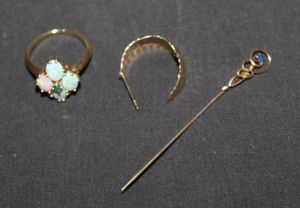 lot 9 image: Ladies Opal Ring, A single Earring And Vintage Lapel Pin,  All Stamped 14K
