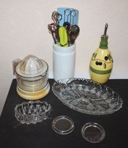 lot 196 image: Milk Glass Utensil Holder With Utensils, Glass Service Trays And More