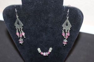 lot 215 image: Vintage Hand Made Silver and Pink Beaded Earrings and Necklace