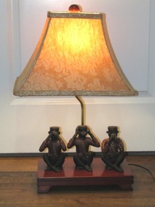 lot 53 image: Iconic Three Wise Monkeys, See no evil, Hear no evil, speak no evil table lamp, 22 tall