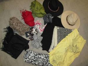 lot 83 image: Ralph Lauren wool sweater, Ladys assorted scarves some made in Italy, and hats as shown