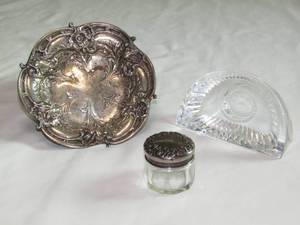 lot 115 image: Reed & Barton Sterling silver dish, Sterling silver lidded glass jar, Waterford crystal dish