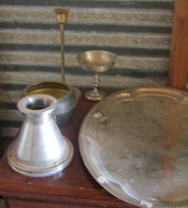 lot 77 image: silver tray and candle holders