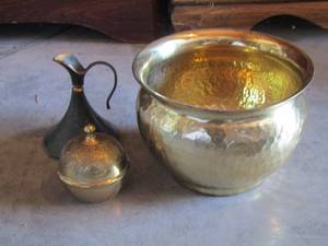 lot 99 image: HAMMERED METAL BOWL,  SMALL PITCHER, AND METAL BALL