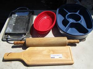 lot 183 image: cutting board- rolling pin- baking dishes plus