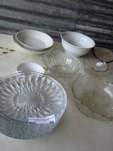 lot 358 image: CLEAR PRESSED GLASS DESSERT PLATES  QTY 8,  CLEAR BOWLS X 3,  WHITE CERAMIC BOWLS  X 6
