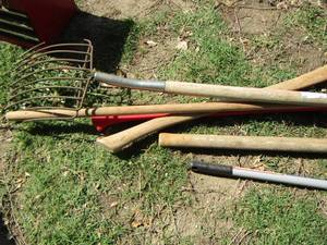 lot 42 image: Yard tools - PICK, AXE, EDGER, HAY RAKE