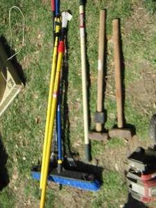 lot 72 image: Lawn and Garden tools - SLEDGE, RACKS,  BROOM, EXPANDABLE POLE, PLUS