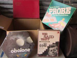 lot 98 image: Vintage Game Lot  - WHO SAID THAT,  ABOLONE, SCRABBLE RSVP, CHECKERS, DOMINOS  & PROBE