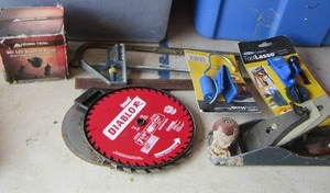 lot 174 image: TOOL LOT - STANLEY PLANER,  SAW BLADE, SAW, 12V PUMP, SQUARE  PLUS