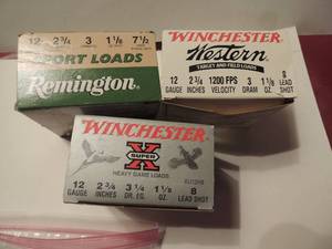 lot 215 image: 12 GAUGE SHELLS -  WINCHESTER 2 34 8 SHOT, WESTERN  8 SHOT, REMINGTON SPORT LOADS 7 12 SHOT  3 BOXES IN TOTAL   X $$